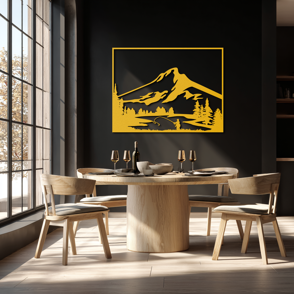 Mountain Fishing Metal Wall Art - Steel Wall Decor for Home and Cabin - KAF017