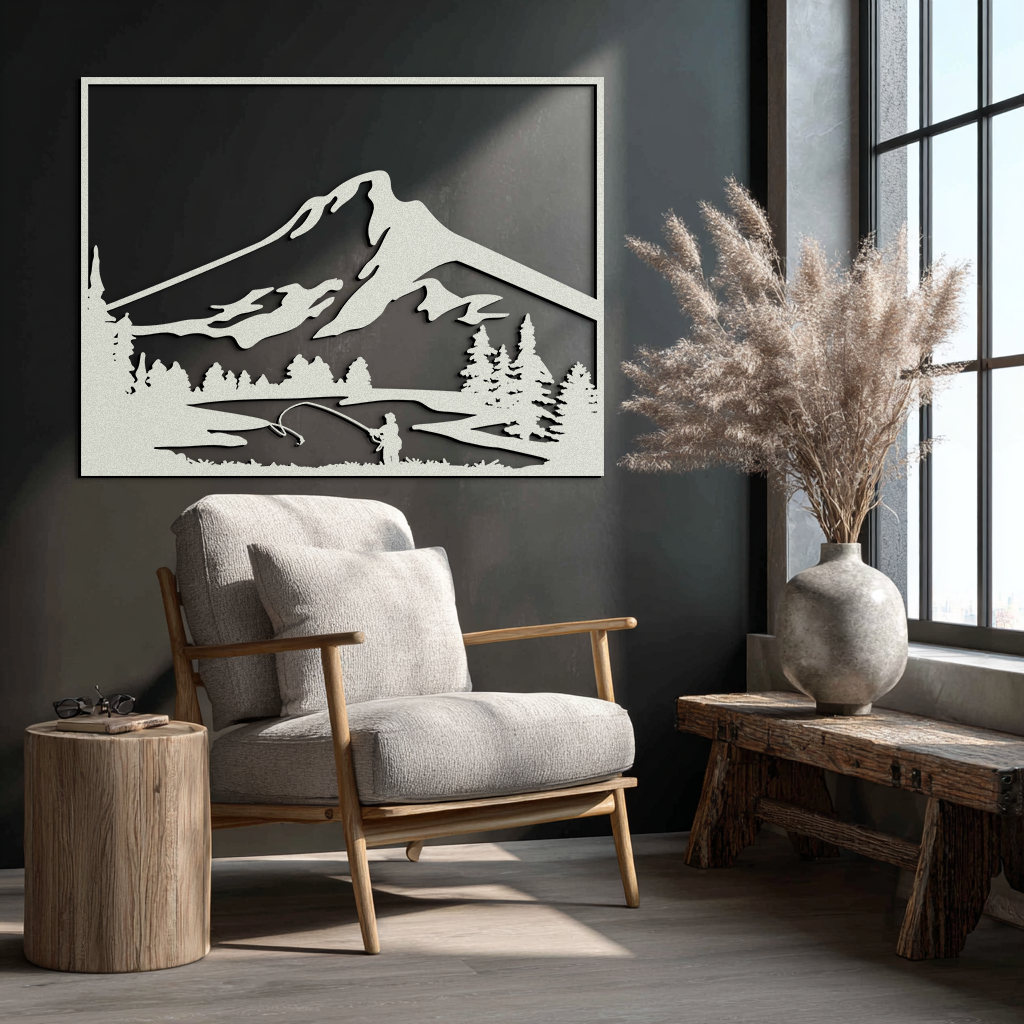 Mountain Fishing Metal Wall Art - Steel Wall Decor for Home and Cabin - KAF017