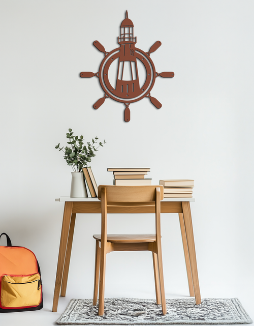 Load image into Gallery viewer, Lighthouse and Ship Wheel Metal Wall Art - Nautical Steel Wall Decor - KAF028