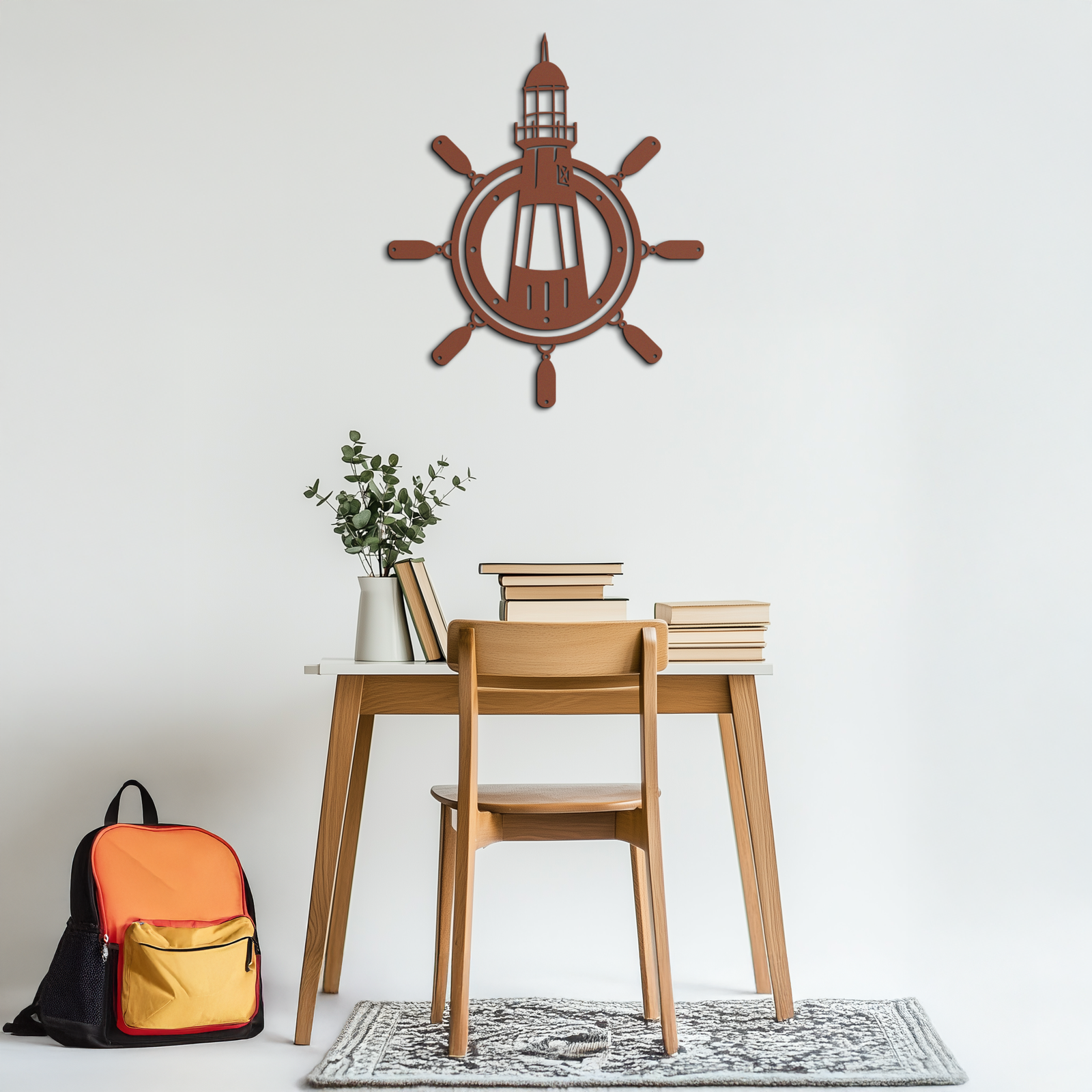 Lighthouse and Ship Wheel Metal Wall Art - Nautical Steel Wall Decor - KAF028