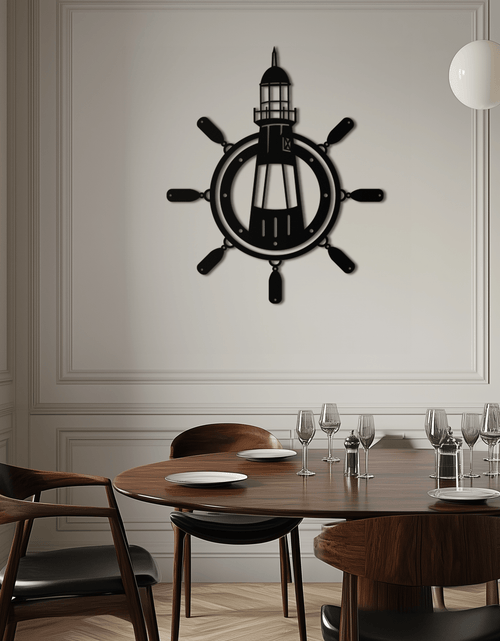 Load image into Gallery viewer, Lighthouse and Ship Wheel Metal Wall Art - Nautical Steel Wall Decor - KAF028