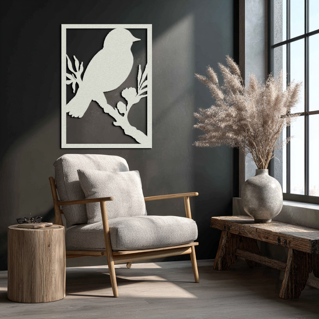Bird on Branch Metal Wall Art - Modern Steel Decor for Home & Office - KAF043