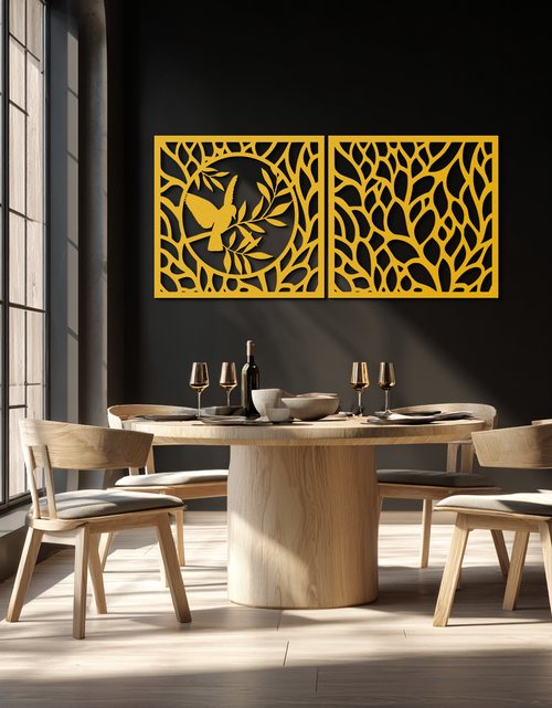 Load image into Gallery viewer, Hummingbird & Leaves Metal Wall Art - Elegant Dual Panel Steel Decor - KAF054