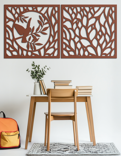 Load image into Gallery viewer, Hummingbird & Leaves Metal Wall Art - Elegant Dual Panel Steel Decor - KAF054