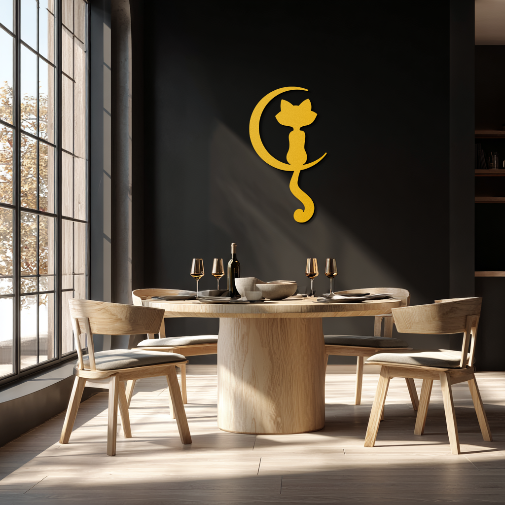 Moonlight Cat Metal Wall Art - Elegant Feline Silhouette Decor - KAF058