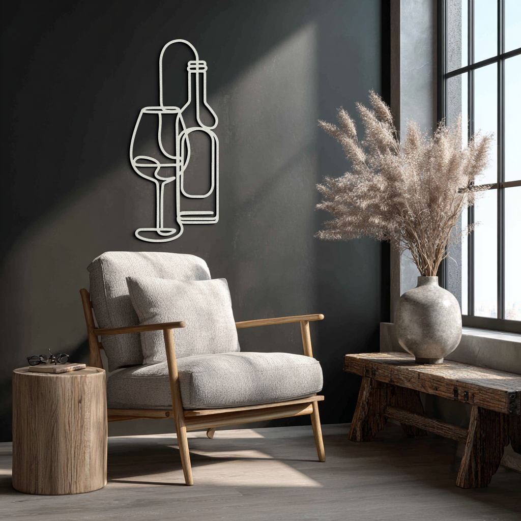 Wine Bottle & Glass Metal Wall Art - Modern Minimalist Bar Decor - KAF081