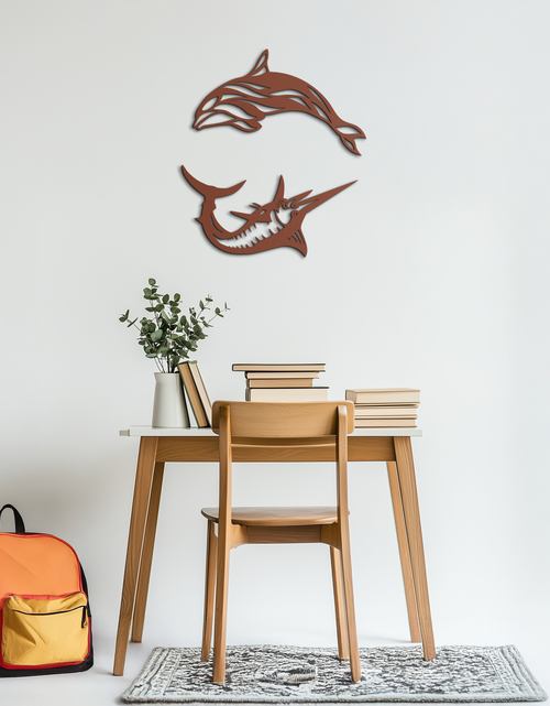 Load image into Gallery viewer, Dolphin & Marlin Metal Wall Art - Ocean-Inspired Modern Steel Decor - KAF084