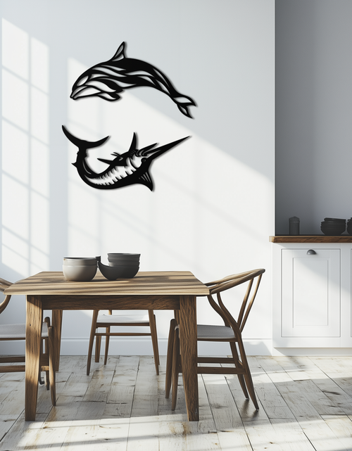 Load image into Gallery viewer, Dolphin & Marlin Metal Wall Art - Ocean-Inspired Modern Steel Decor - KAF084