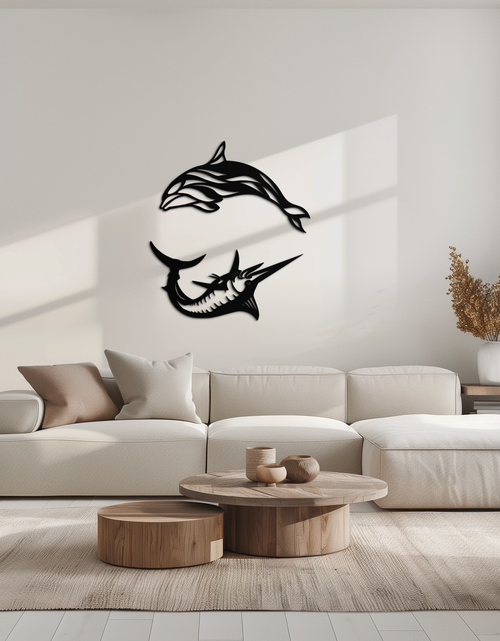 Load image into Gallery viewer, Dolphin & Marlin Metal Wall Art - Ocean-Inspired Modern Steel Decor - KAF084