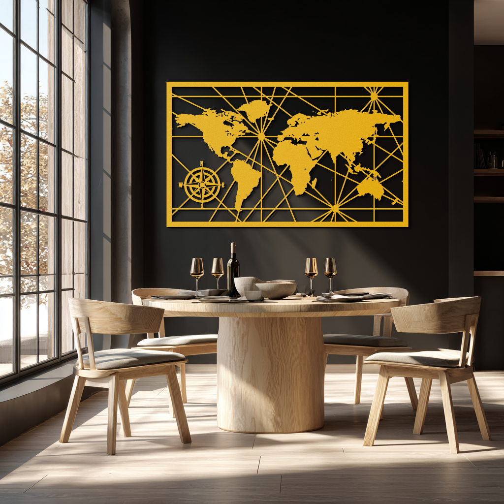 Geometric World Map Metal Wall Art - Modern Minimalist Steel Wall Decor - KAF098