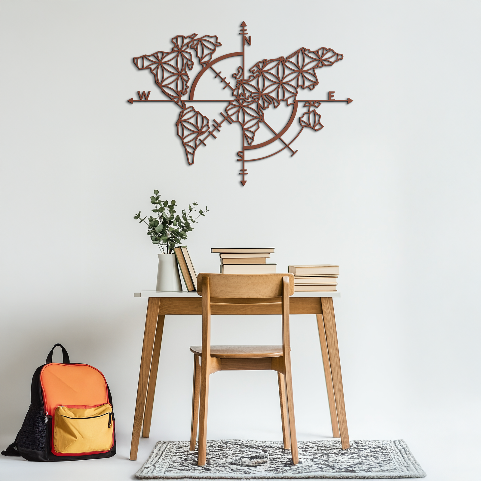 Geometrik Dünya Haritası Metal Duvar Sanatı - Modern Pusula Duvar Dekoru - KAF099