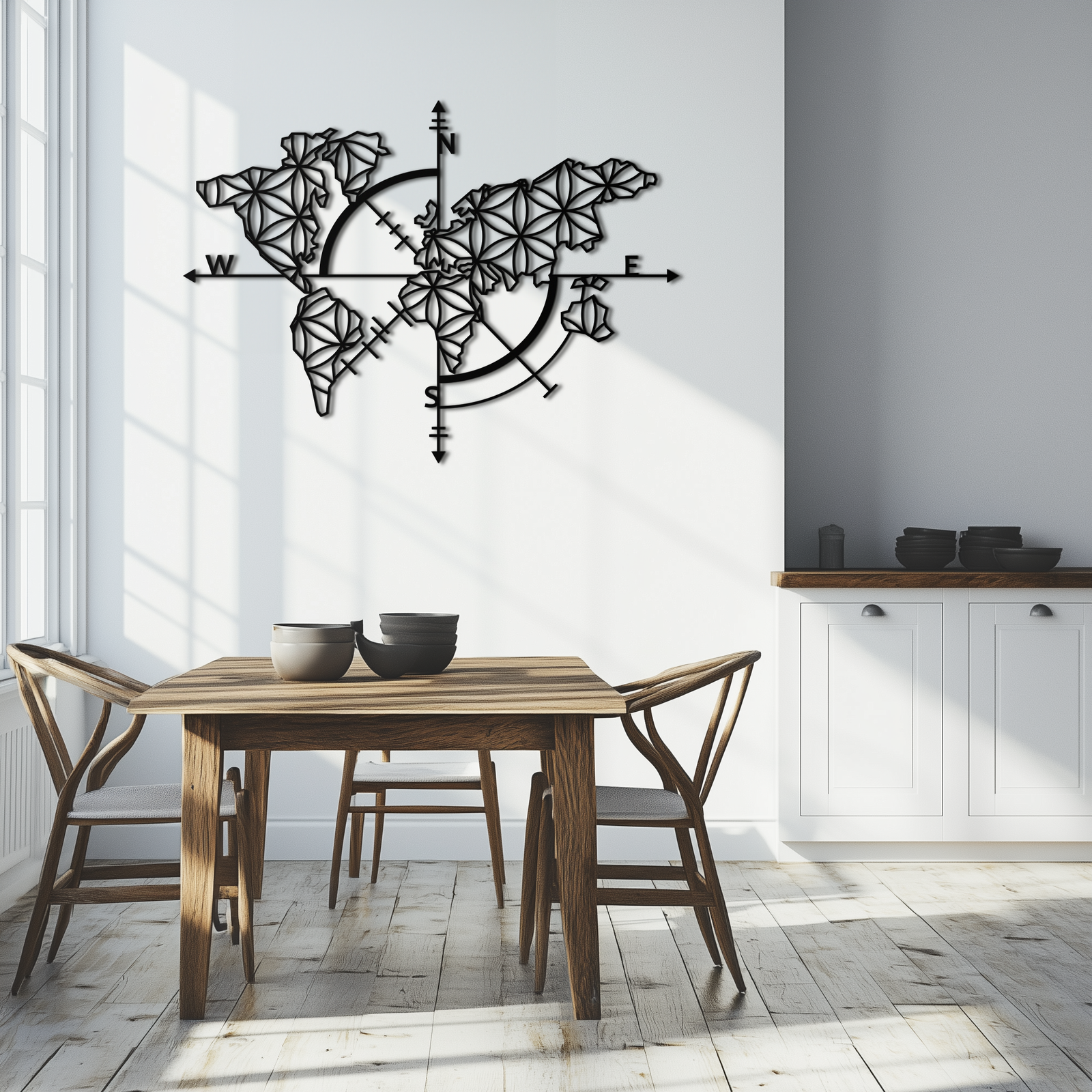 Geometrik Dünya Haritası Metal Duvar Sanatı - Modern Pusula Duvar Dekoru - KAF099