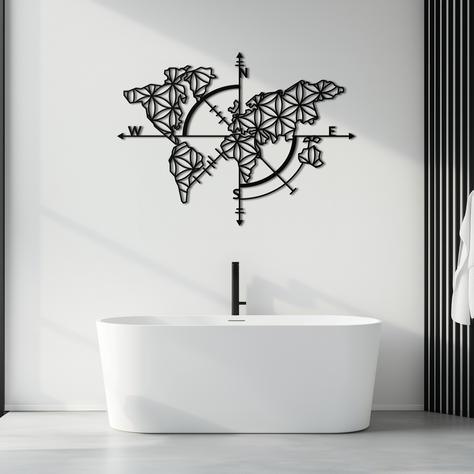 Geometrik Dünya Haritası Metal Duvar Sanatı - Modern Pusula Duvar Dekoru - KAF099