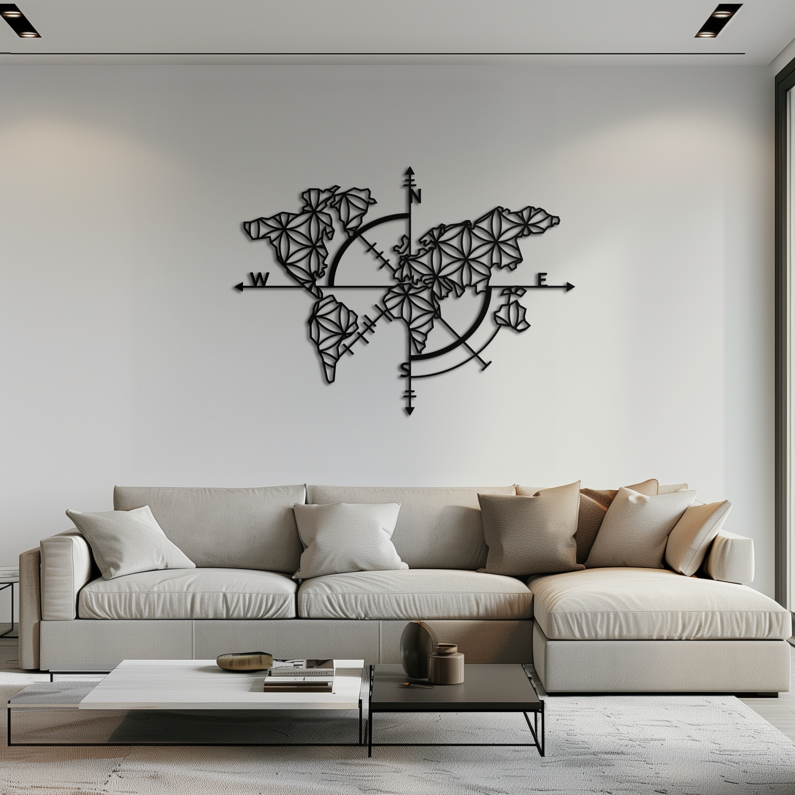 Geometrik Dünya Haritası Metal Duvar Sanatı - Modern Pusula Duvar Dekoru - KAF099