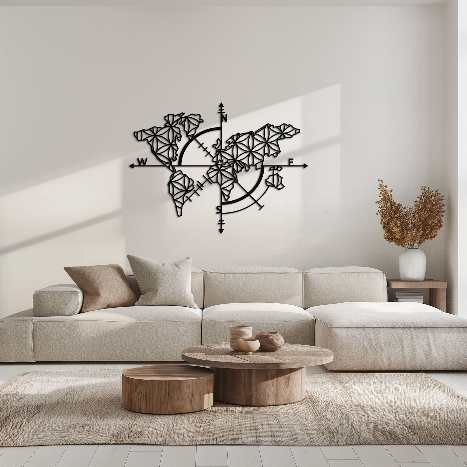 Geometrik Dünya Haritası Metal Duvar Sanatı - Modern Pusula Duvar Dekoru - KAF099