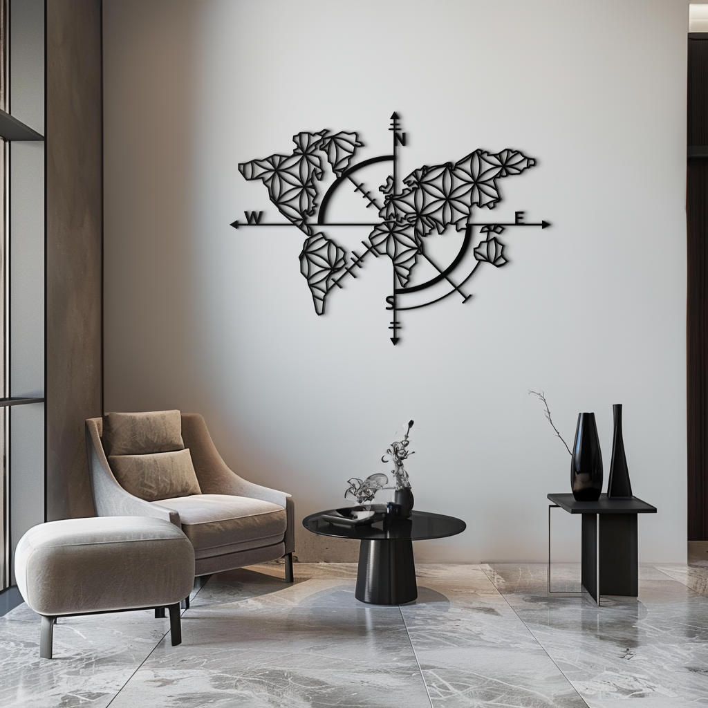 Geometrik Dünya Haritası Metal Duvar Sanatı - Modern Pusula Duvar Dekoru - KAF099
