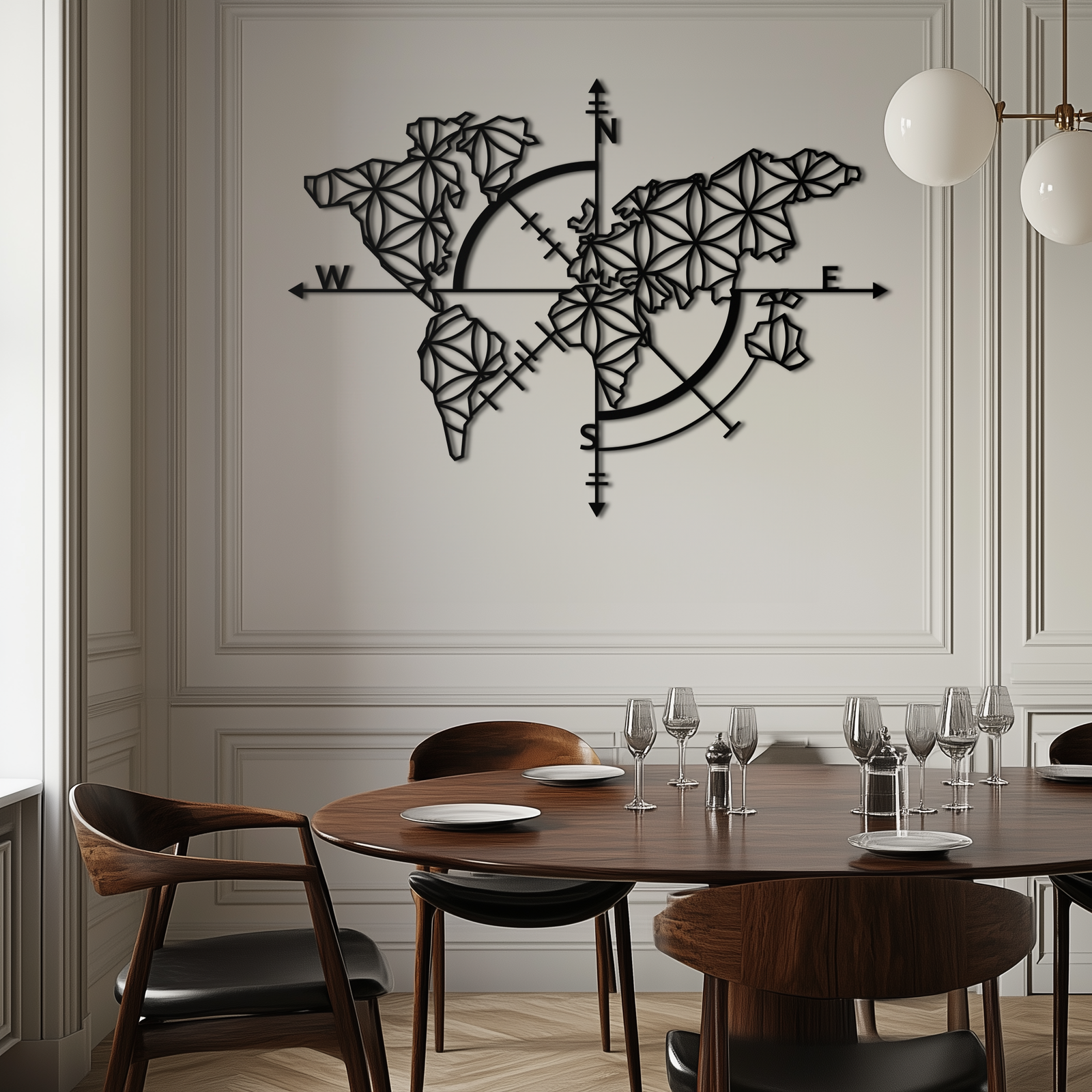 Geometrik Dünya Haritası Metal Duvar Sanatı - Modern Pusula Duvar Dekoru - KAF099