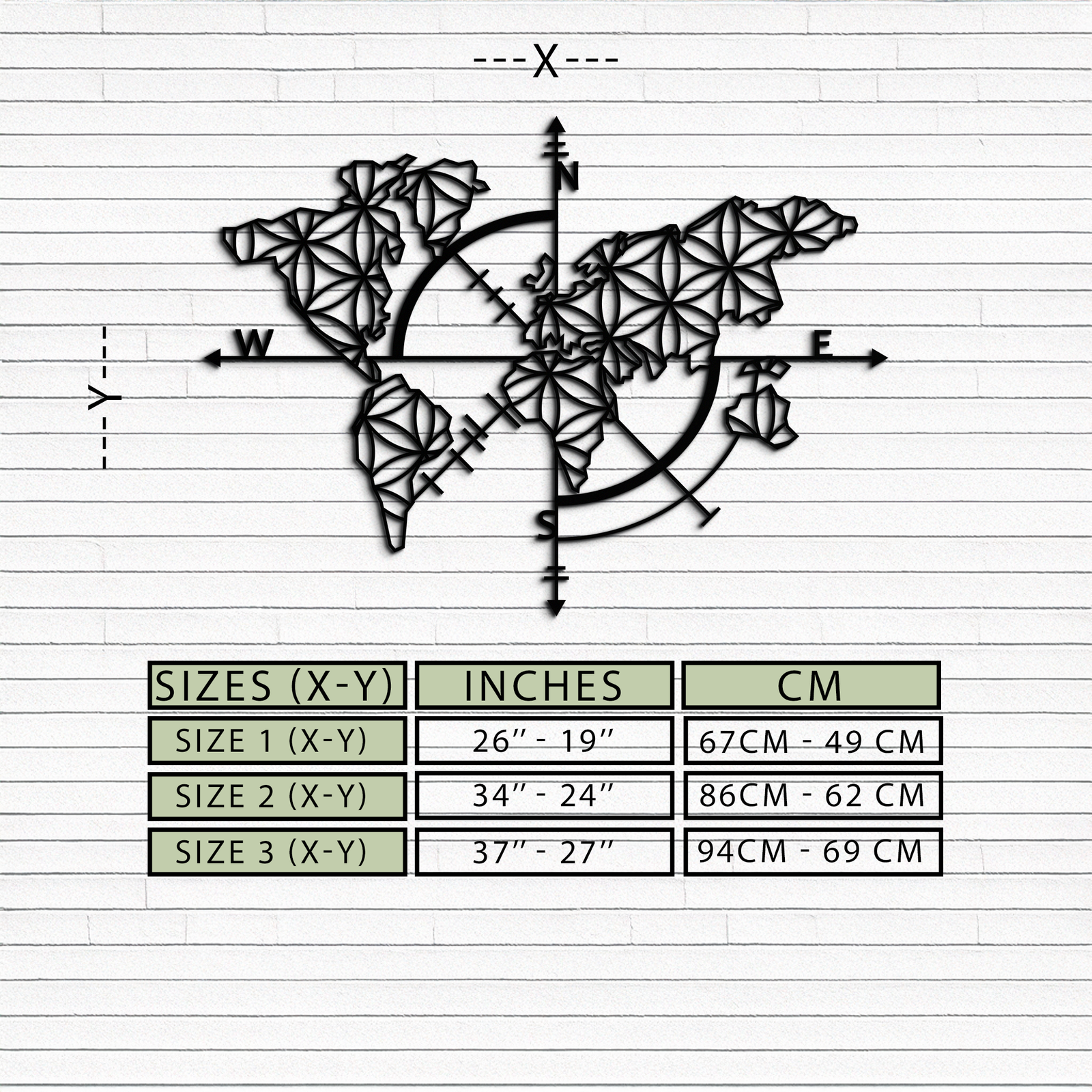 Geometrik Dünya Haritası Metal Duvar Sanatı - Modern Pusula Duvar Dekoru - KAF099