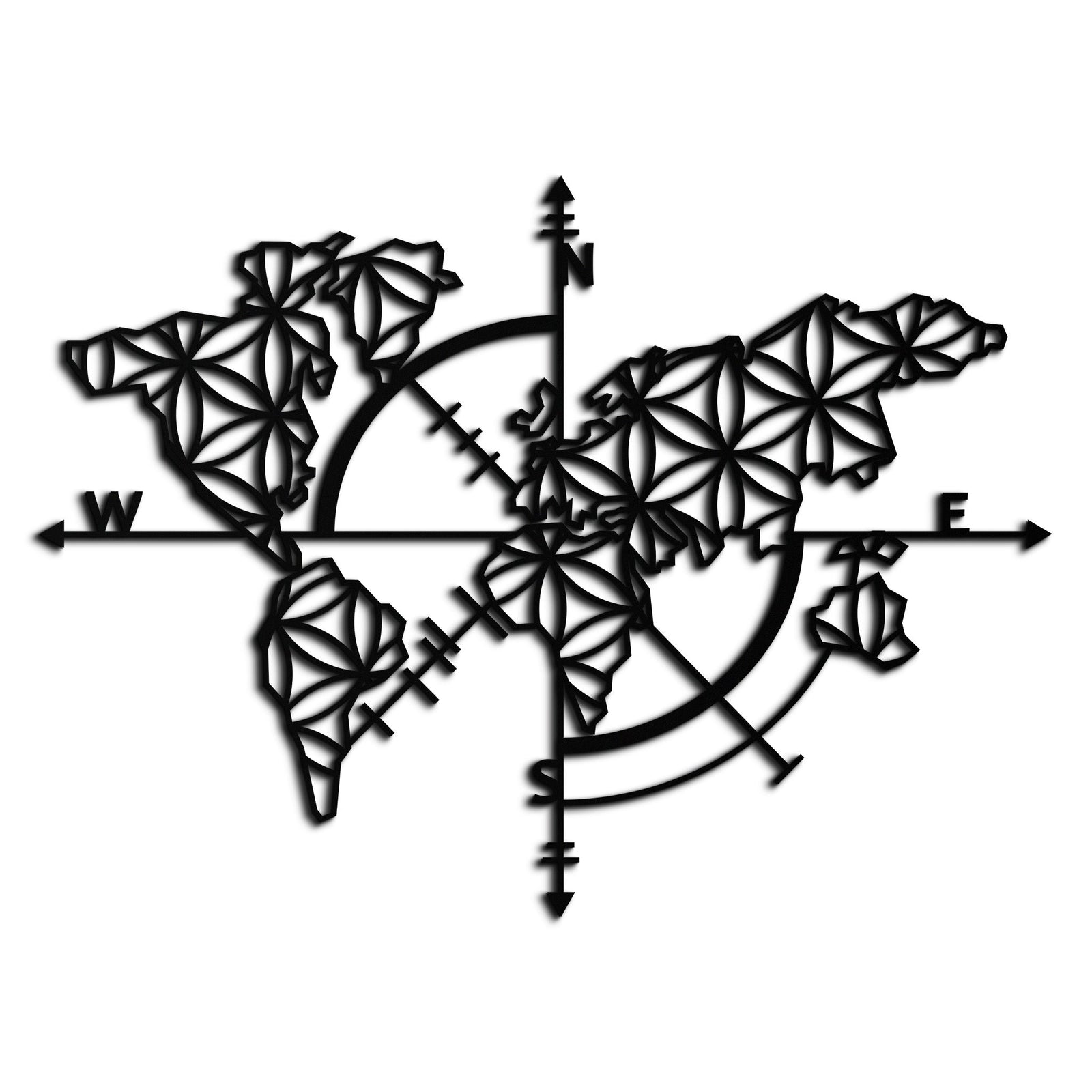 Geometrik Dünya Haritası Metal Duvar Sanatı - Modern Pusula Duvar Dekoru - KAF099