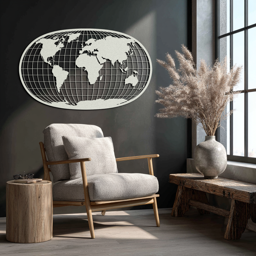 World Map Metal Wall Art - Globe Projection Steel Wall Decor - KAF103
