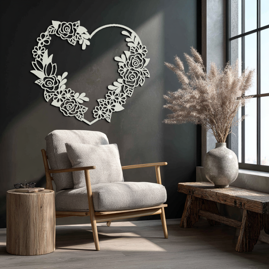 Floral Heart Metal Wall Art - Elegant Steel Rose Wreath - KAF107