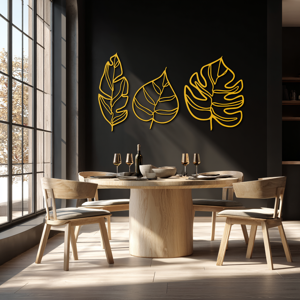 Geometric Leaf Trio Metal Wall Art - Modern Botanical Steel Decor - KAF114