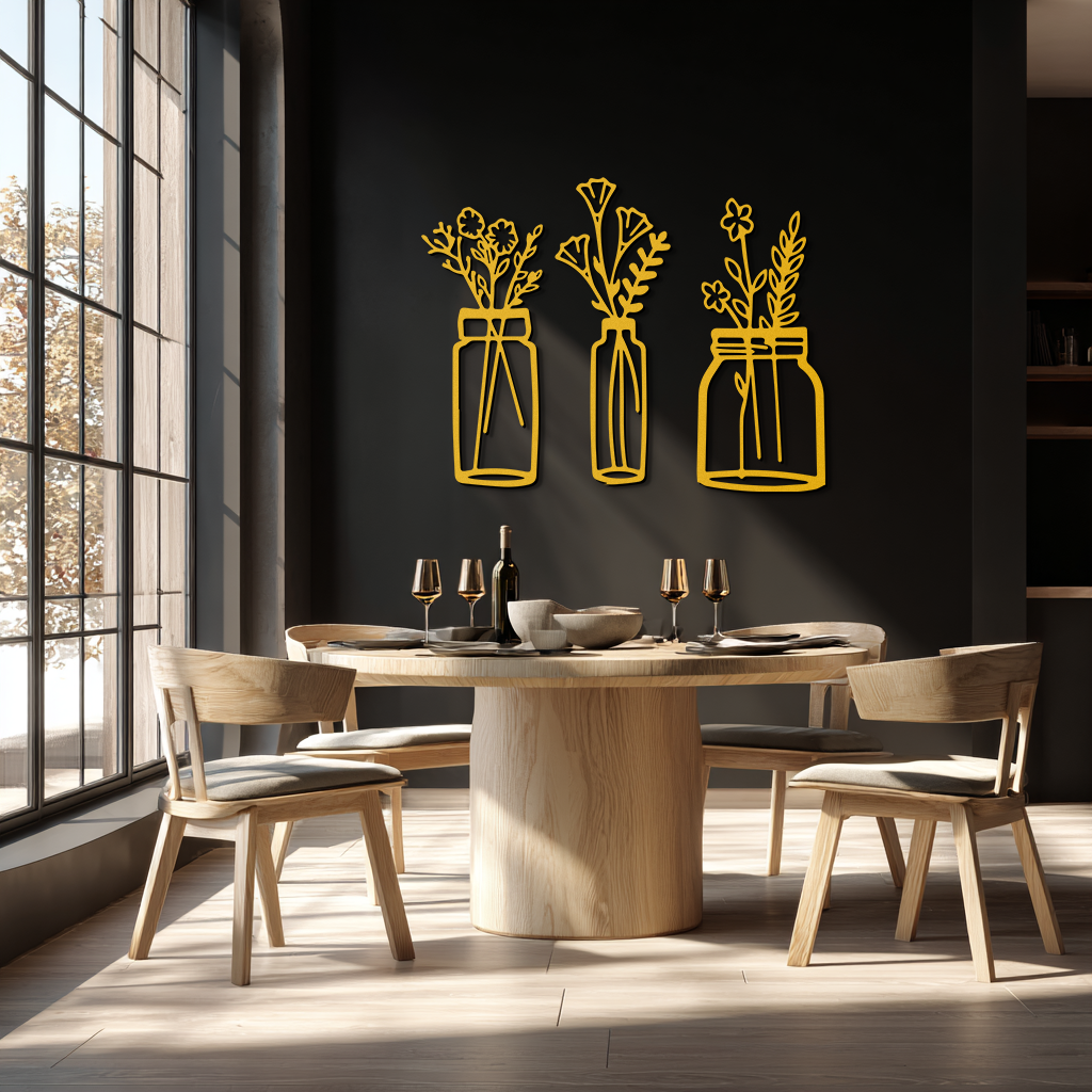 Floral Vase Metal Wall Art - 3-Piece Modern Steel Wall Decor - KAF118