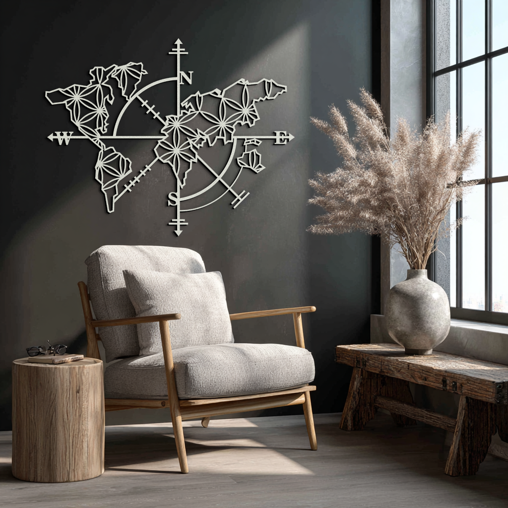 Geometric World Map Metal Wall Art - Modern Compass-Inspired Steel Decor - KAF131