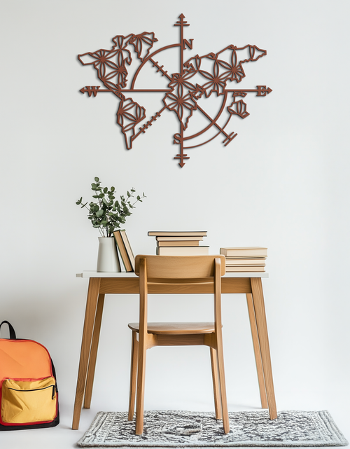 Load image into Gallery viewer, Geometric World Map Metal Wall Art - Modern Compass-Inspired Steel Decor - KAF131