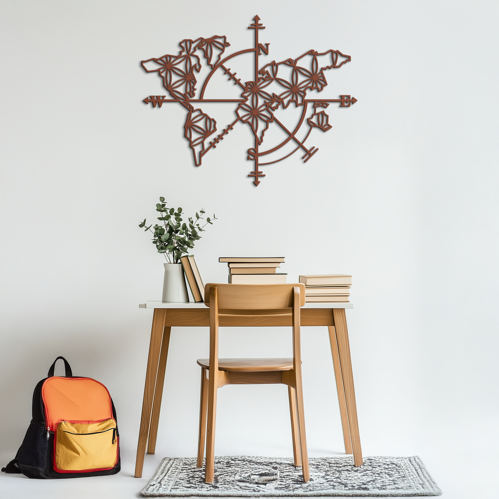 Geometric World Map Metal Wall Art - Modern Compass-Inspired Steel Decor - KAF131