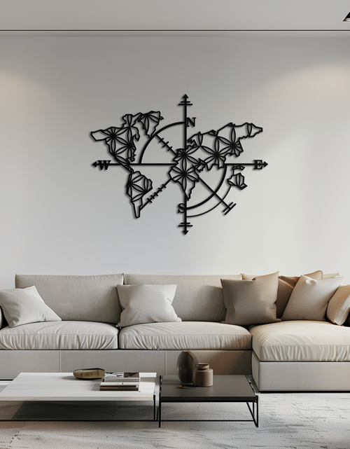 Load image into Gallery viewer, Geometric World Map Metal Wall Art - Modern Compass-Inspired Steel Decor - KAF131