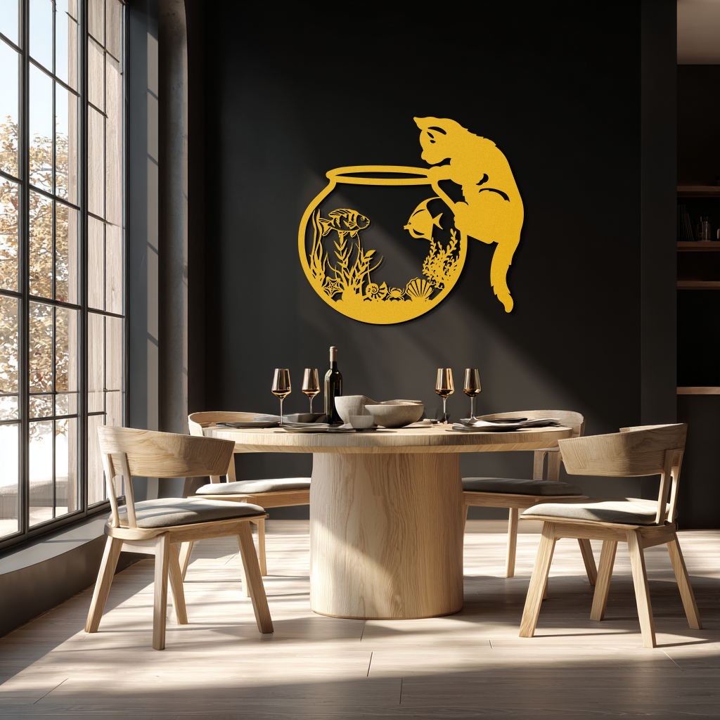 Curious Cat and Fishbowl Metal Wall Art - Playful Geometric Steel Decor - KAF135