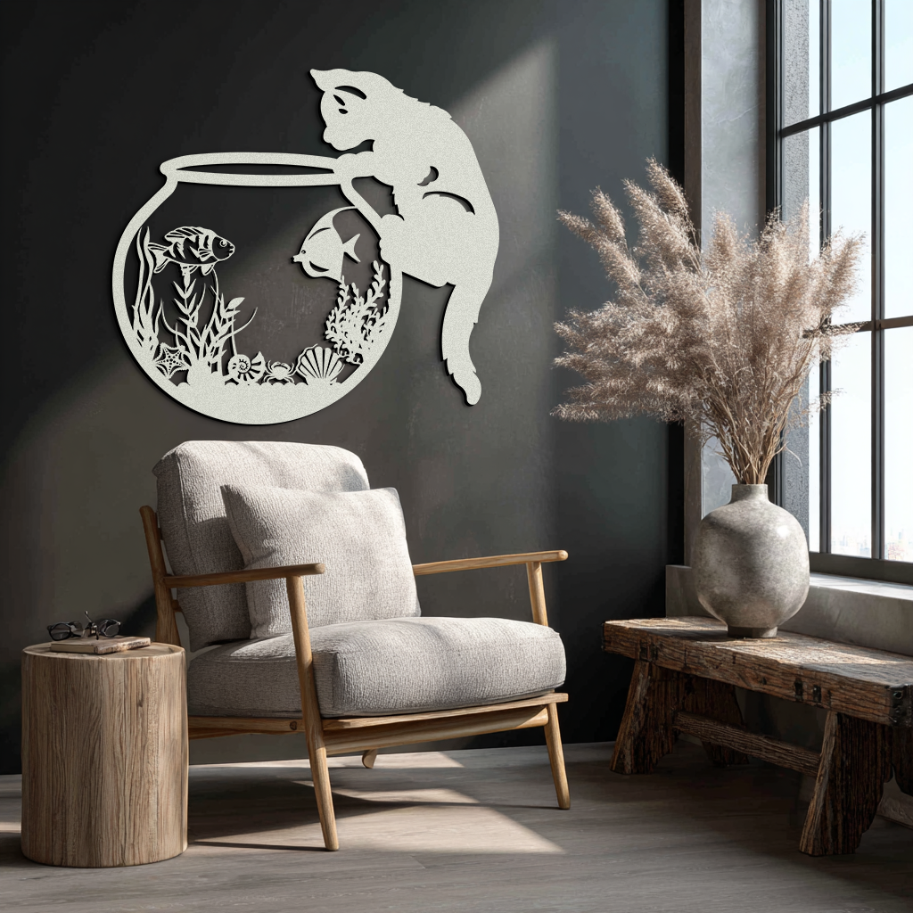 Curious Cat and Fishbowl Metal Wall Art - Playful Geometric Steel Decor - KAF135