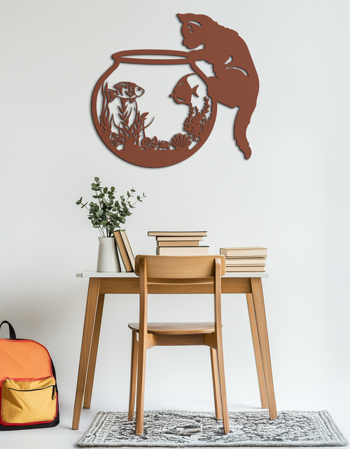 Load image into Gallery viewer, Curious Cat and Fishbowl Metal Wall Art - Playful Geometric Steel Decor - KAF135