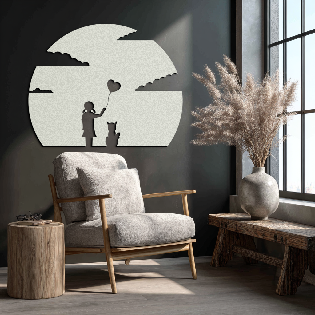 Heart Balloon Girl & Cat Metal Wall Art - Whimsical Steel Decor - KAF140