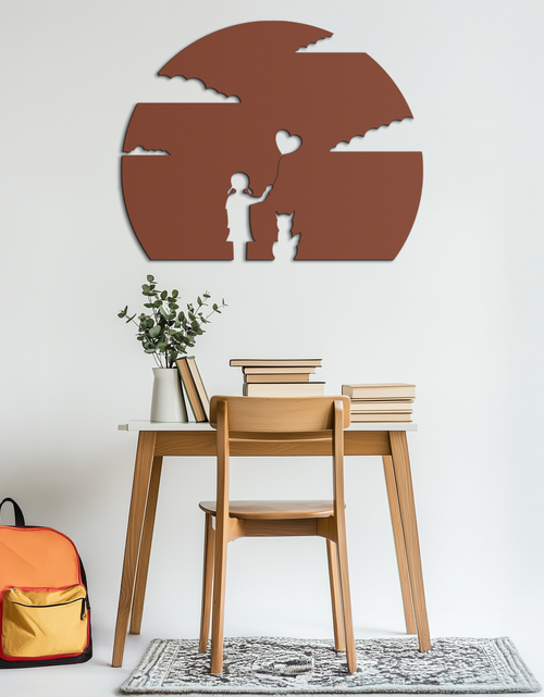 Load image into Gallery viewer, Heart Balloon Girl & Cat Metal Wall Art - Whimsical Steel Decor - KAF140