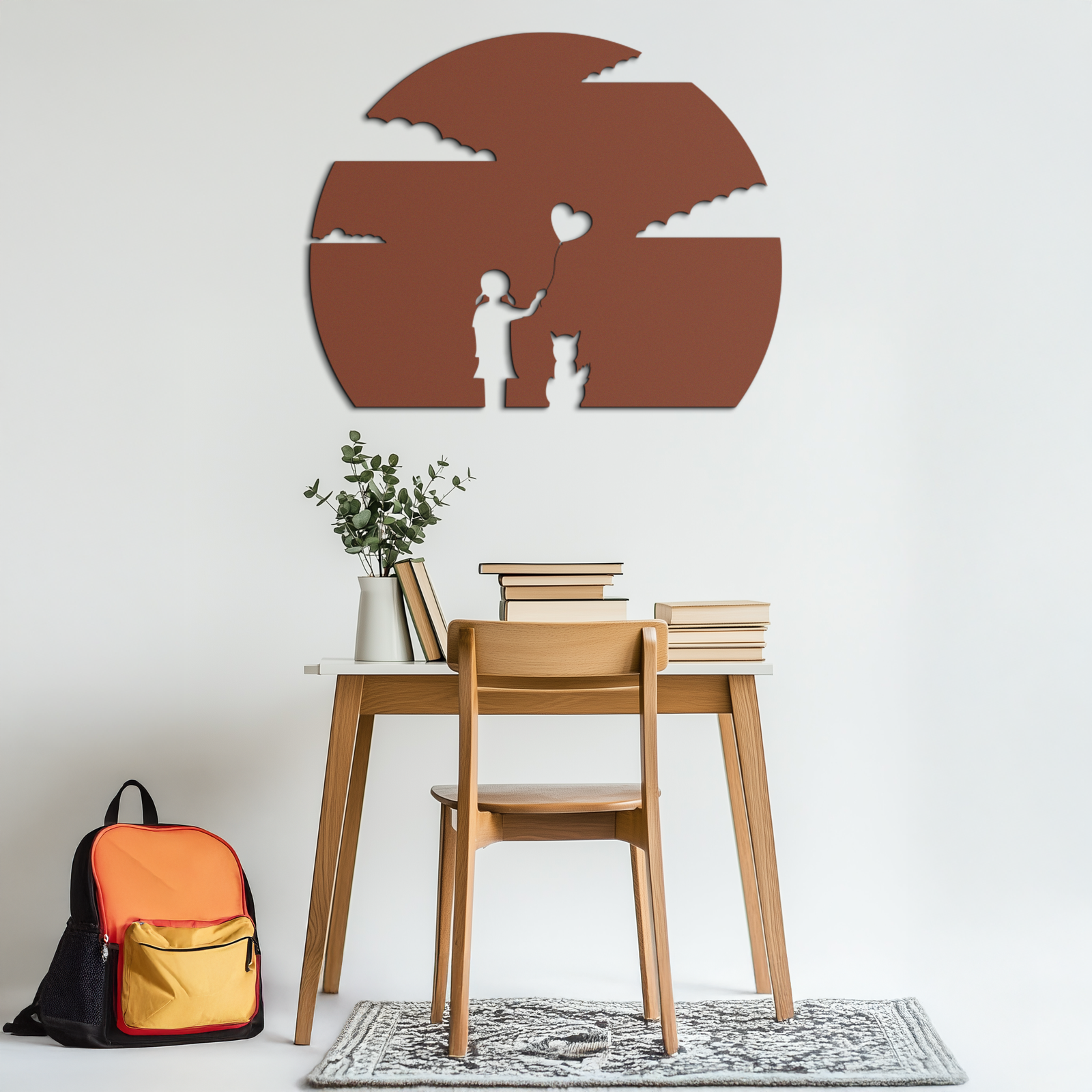 Heart Balloon Girl & Cat Metal Wall Art - Whimsical Steel Decor - KAF140