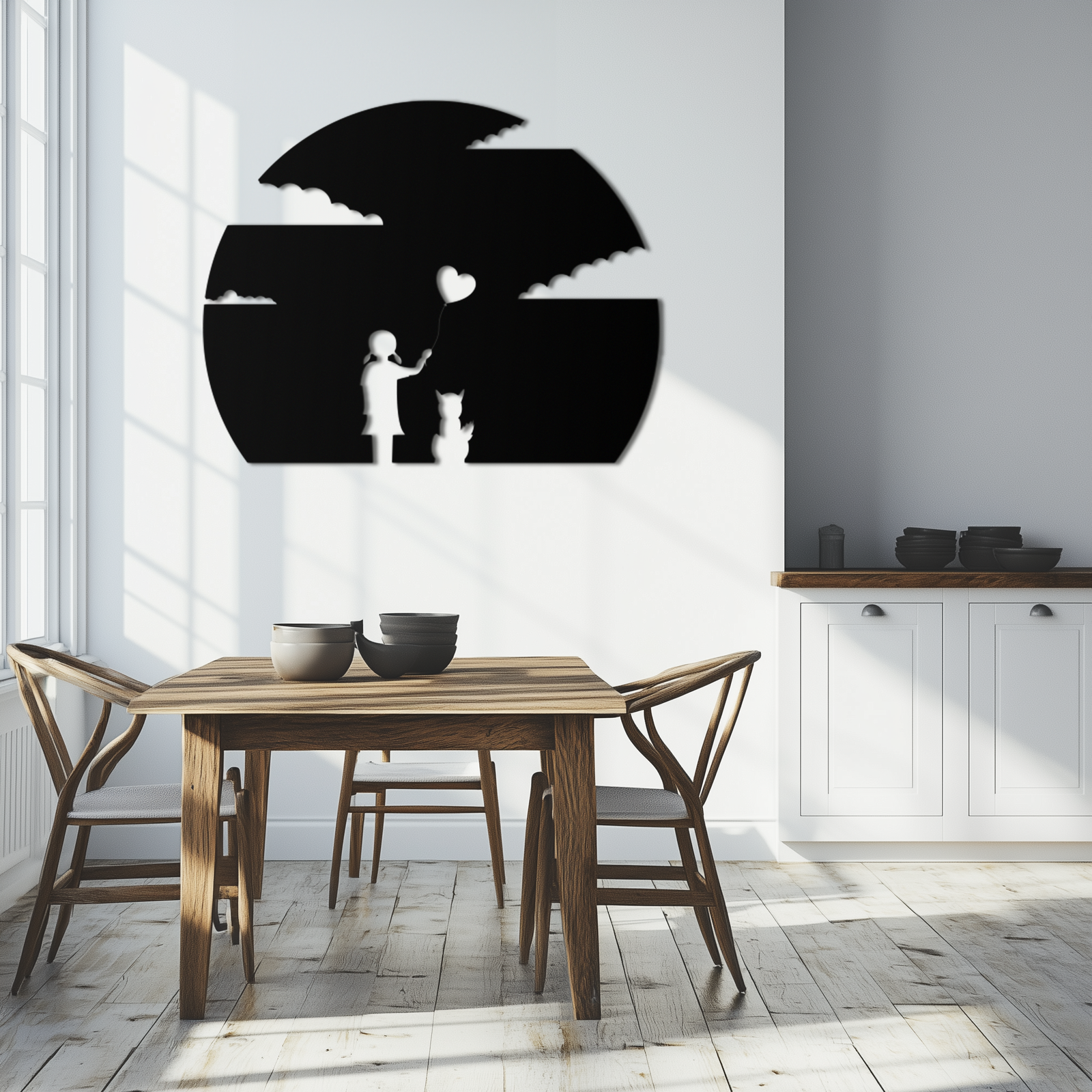 Heart Balloon Girl & Cat Metal Wall Art - Whimsical Steel Decor - KAF140