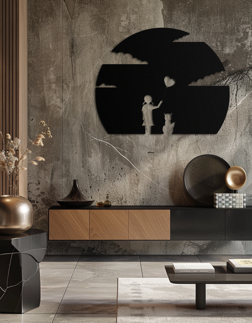 Load image into Gallery viewer, Heart Balloon Girl & Cat Metal Wall Art - Whimsical Steel Decor - KAF140