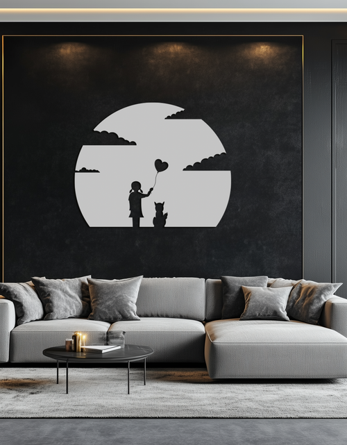 Load image into Gallery viewer, Heart Balloon Girl & Cat Metal Wall Art - Whimsical Steel Decor - KAF140