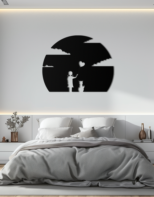 Load image into Gallery viewer, Heart Balloon Girl & Cat Metal Wall Art - Whimsical Steel Decor - KAF140