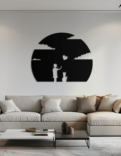 Load image into Gallery viewer, Heart Balloon Girl & Cat Metal Wall Art - Whimsical Steel Decor - KAF140