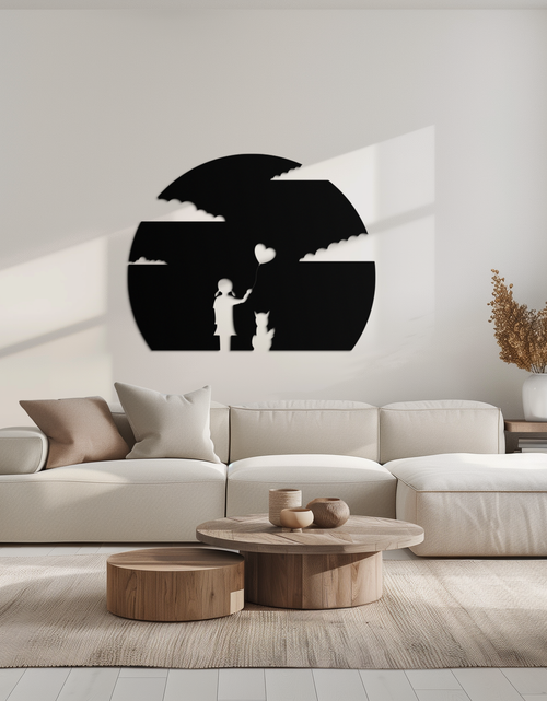 Load image into Gallery viewer, Heart Balloon Girl & Cat Metal Wall Art - Whimsical Steel Decor - KAF140