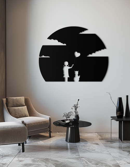 Load image into Gallery viewer, Heart Balloon Girl & Cat Metal Wall Art - Whimsical Steel Decor - KAF140