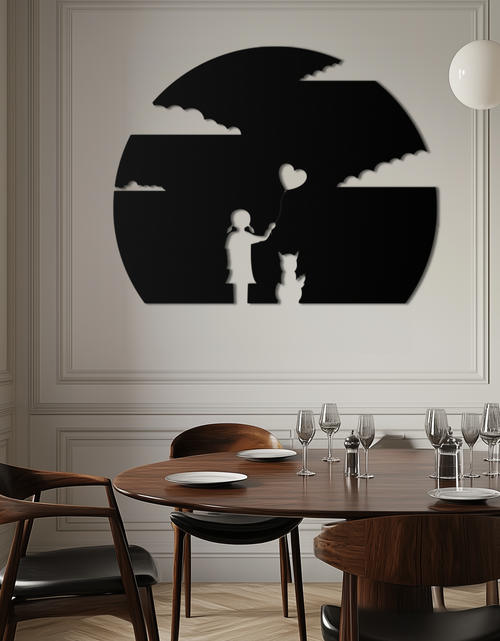 Load image into Gallery viewer, Heart Balloon Girl & Cat Metal Wall Art - Whimsical Steel Decor - KAF140