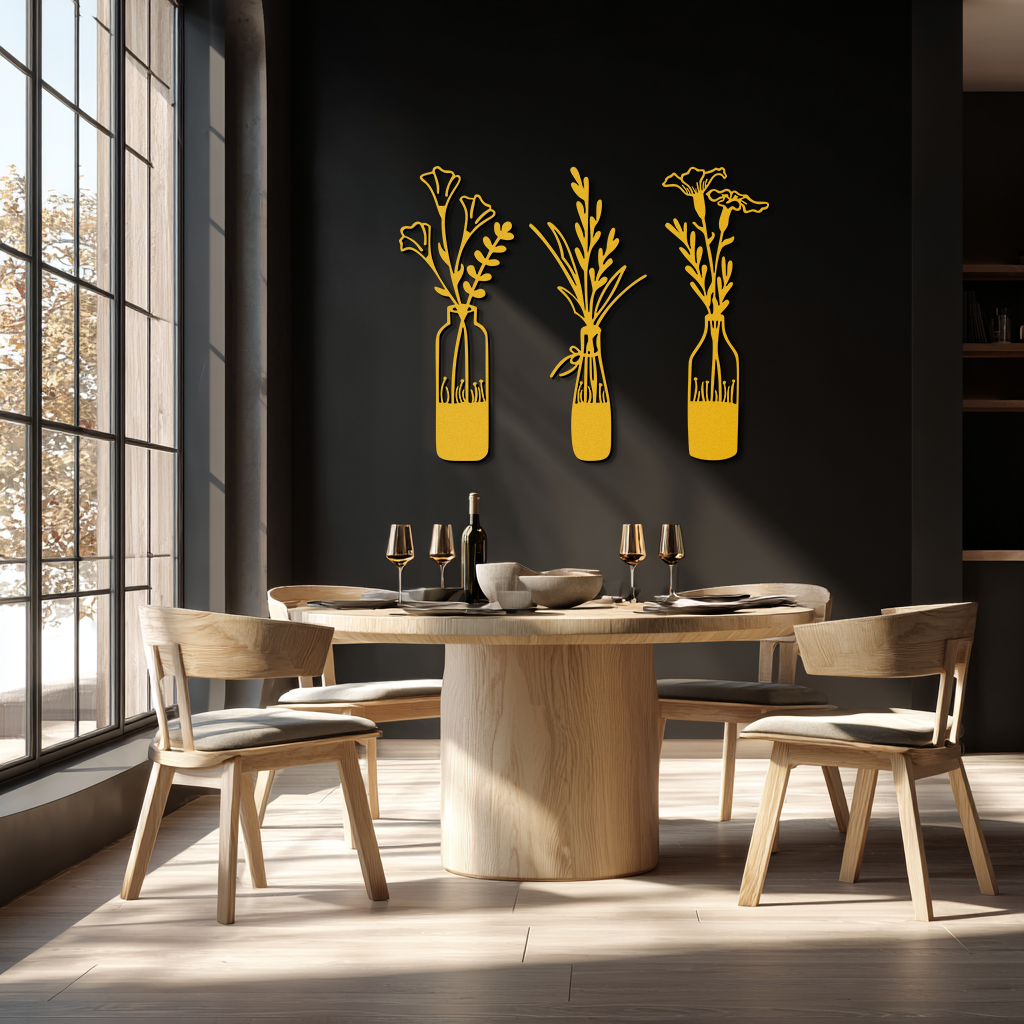 Rustic Floral Bottle Metal Wall Art - Elegant Vase & Flower Steel Decor - KAF142