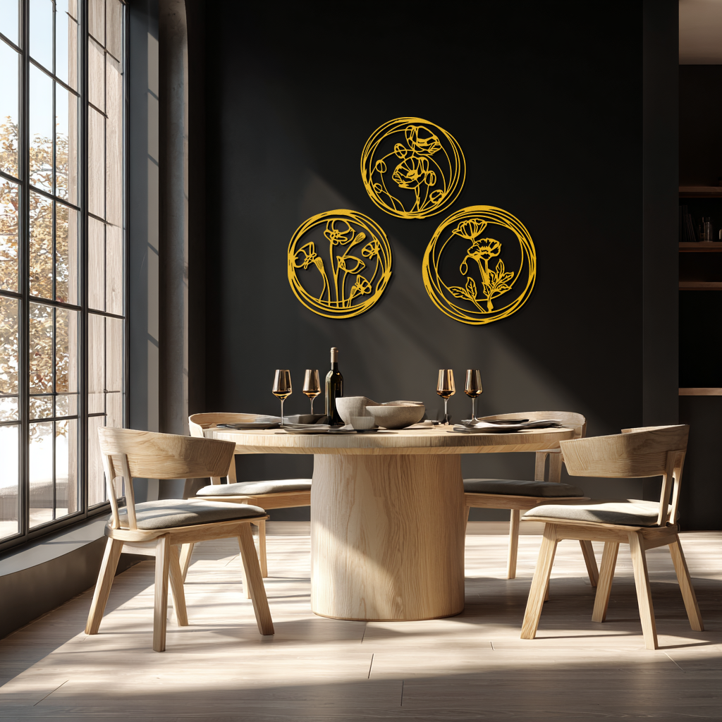 Floral Trio Metal Wall Art - Modern Botanical Circle Wall Decor- KAF168