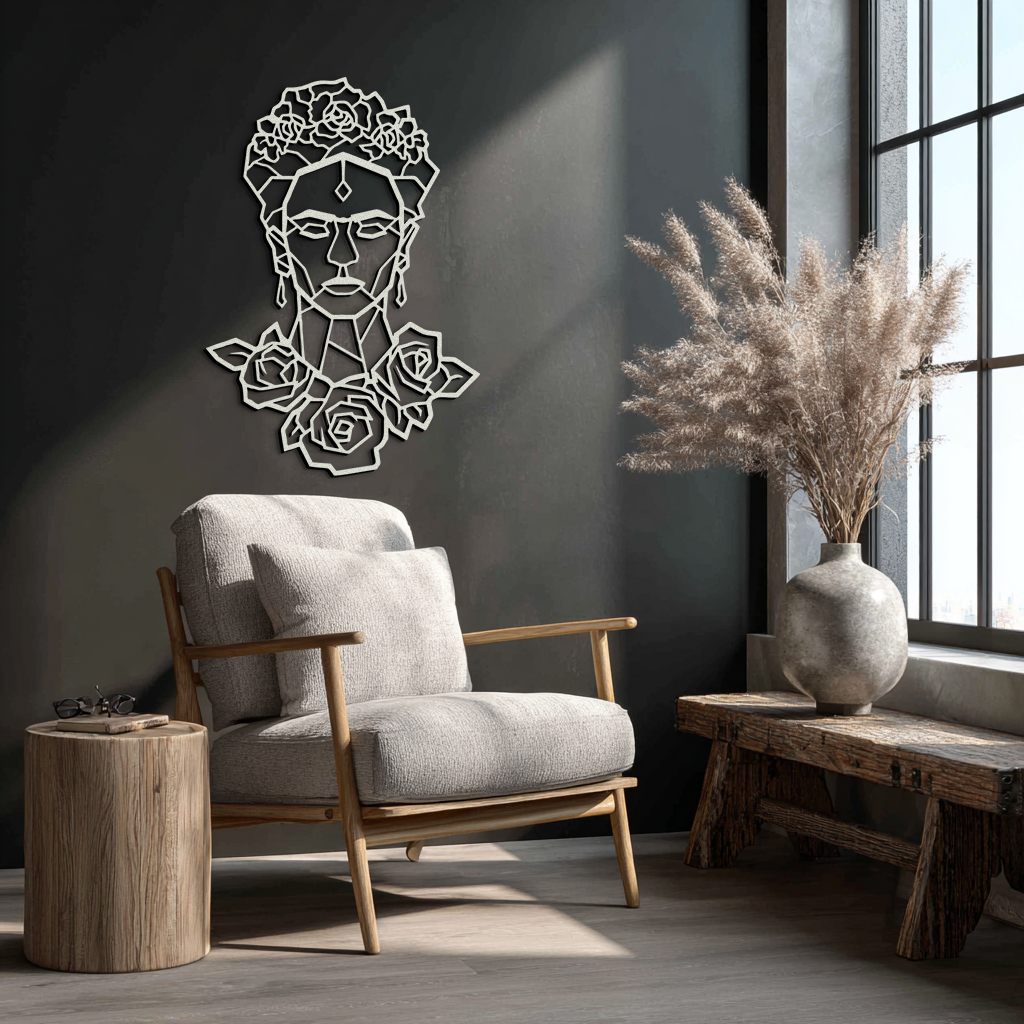 Frida Kahlo Metal Wall Art - Geometric Floral Portrait- KAF174