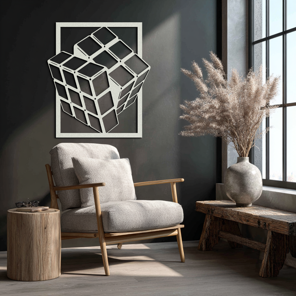 Geometric Rubik’s Cube Metal Wall Art – Modern Puzzle Enthusiast Decor - KAF197
