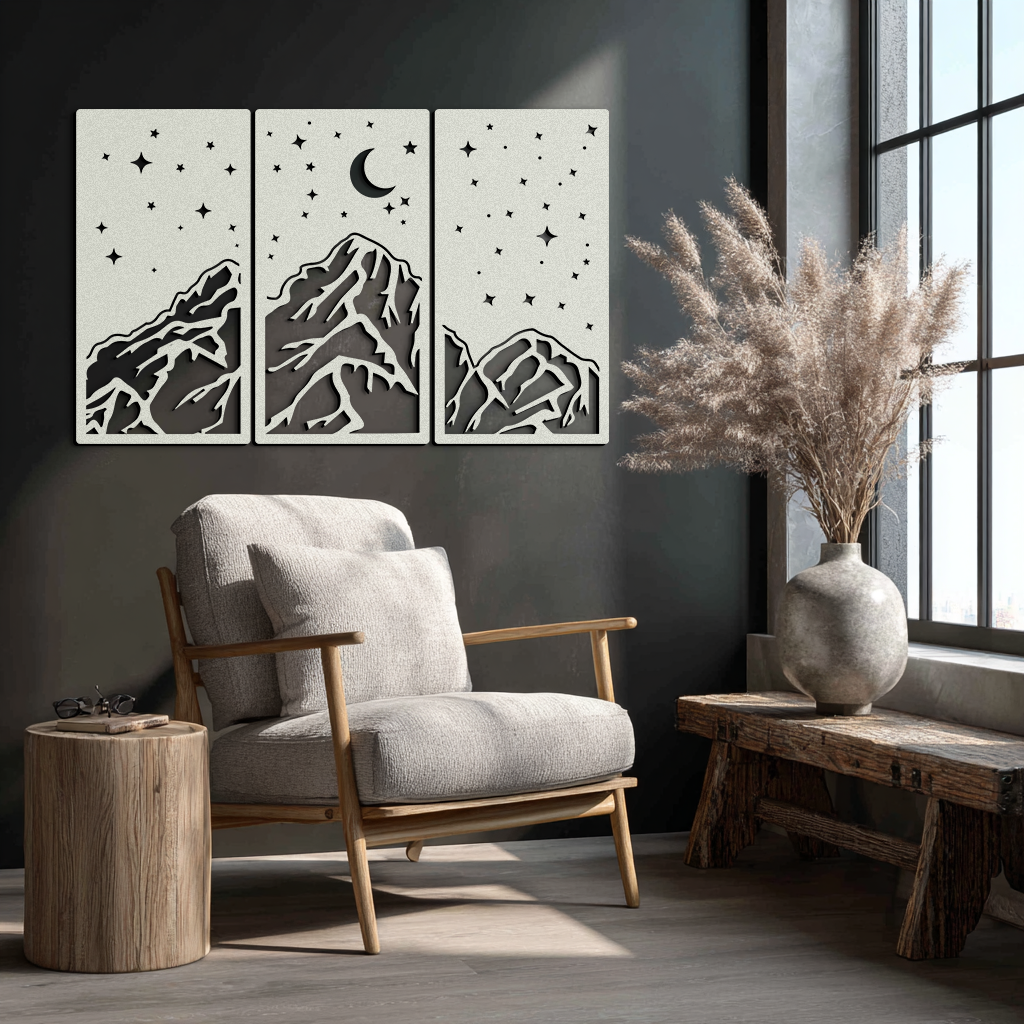 Mountain Nightscape Metal Wall Art - 3-Panel Modern Wall Decor - KAF202